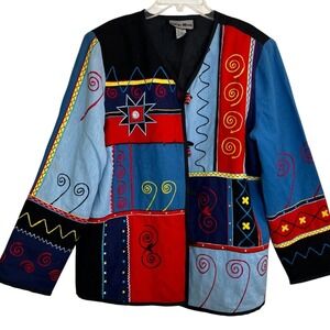 Indigo Moon Womens Embroidered Patchwork Art to Wear‎ Jacket Multi Color Medium